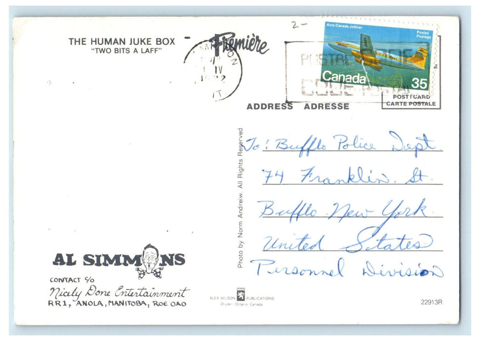 c1960's Guitar Trumpet Al Simmons The Human Juke Box Anola Canada Postcard