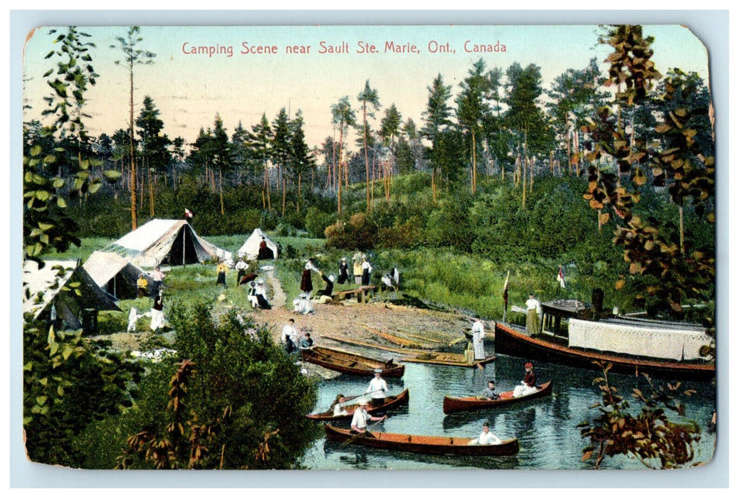1913 Camping and Boating Scene Near Sault Ste. Marie Ontario Canada Postcard