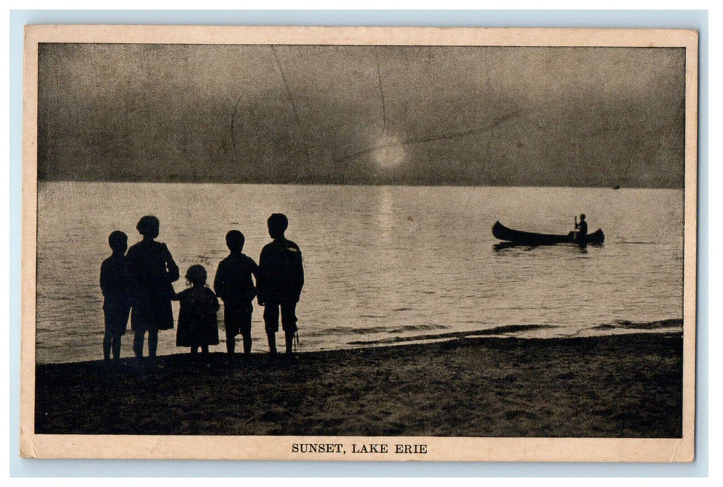 1911 Boat Canoeing Sunset Lake Erie Humberstone Ontario Canada Postcard