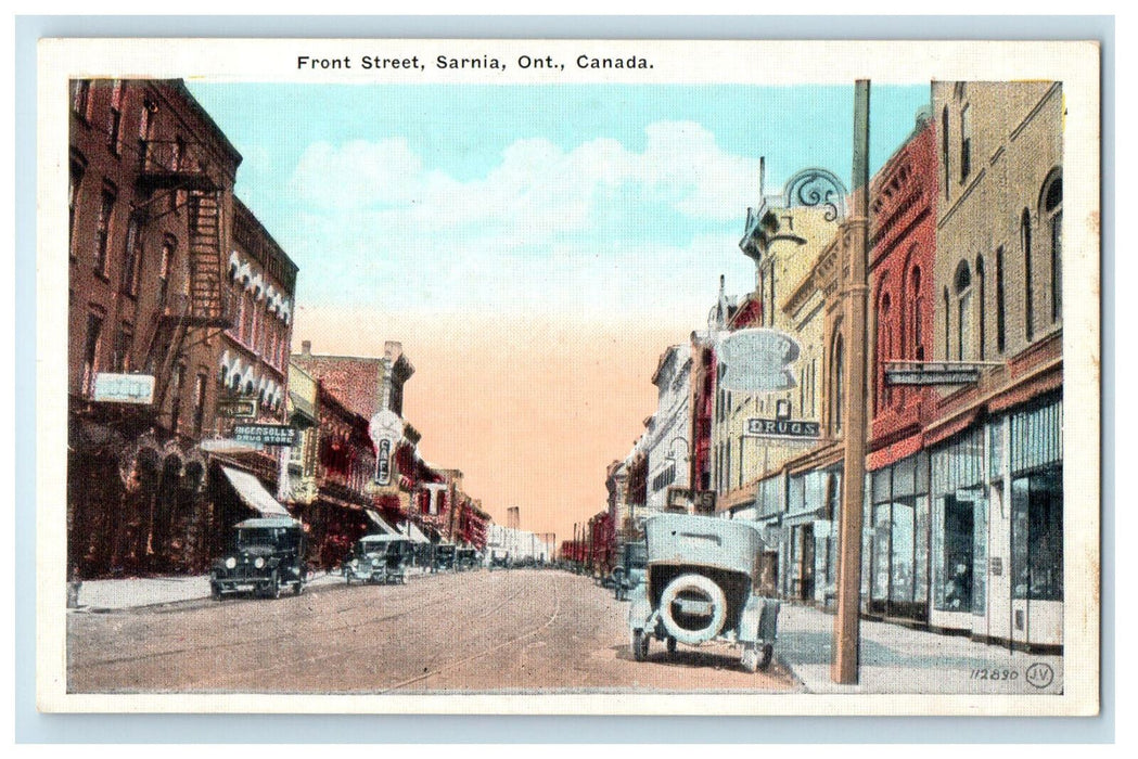 c1920's Drugstore, Cafe, Cars Scene, Front Street Sarnia Ontario Canada Postcard