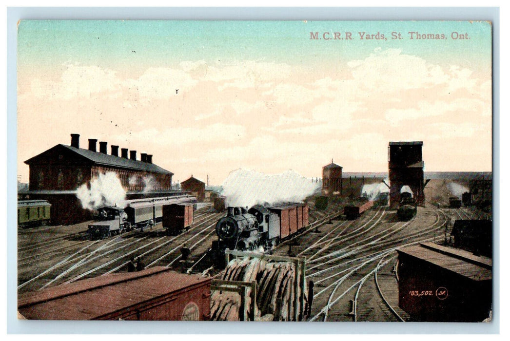 1909 Train Locomotives, M.C.R.R Yards St. Thomas Ontario Canada Postcard