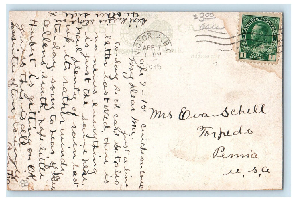 1915 Restaurants, Dentist, Government St. Victoria BC Canada Posted Postcard