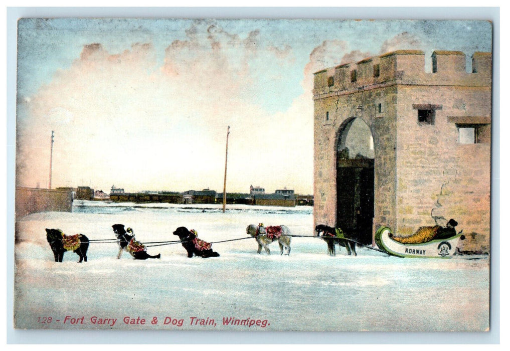 c1910 Fort Garry Gate & Dog Sleigh Train Winnipeg Manitoba Canada Postcard