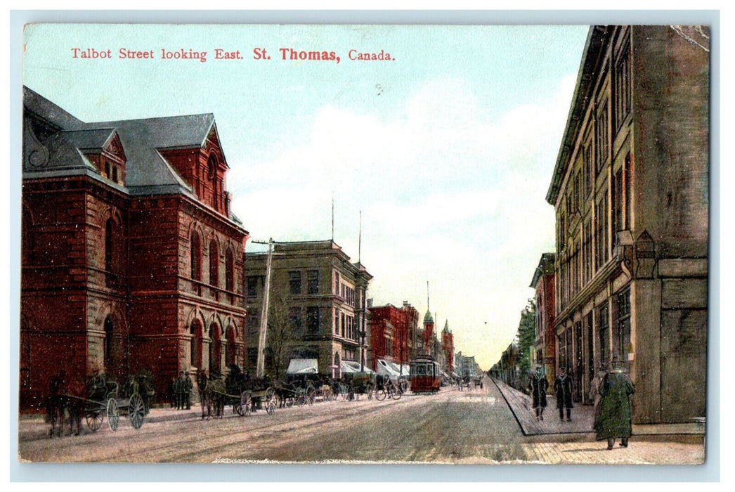 1907 Horse Carriage, Trolley Car Talbot Street St Thomas Ontario Canada Postcard