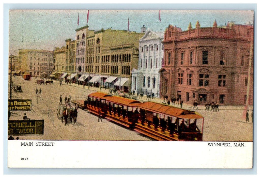 c1910 Trolley Car, Tailor, Businesses, Main Street Winnipeg Canada Postcard