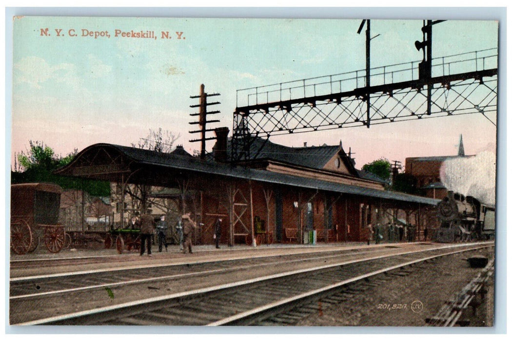c1910 Railroad, Horse Carriage, Train N.Y.C Depot Peekskill New York NY Postcard