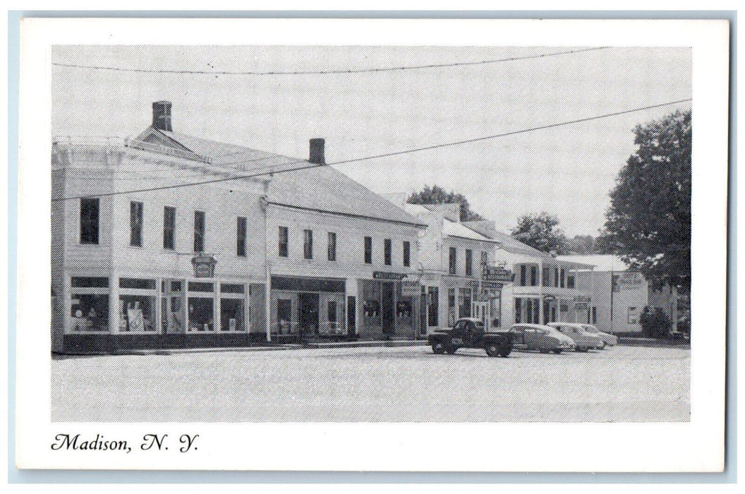 c1940's View of Business Section, Cars Parked, Madison New York NY Postcard