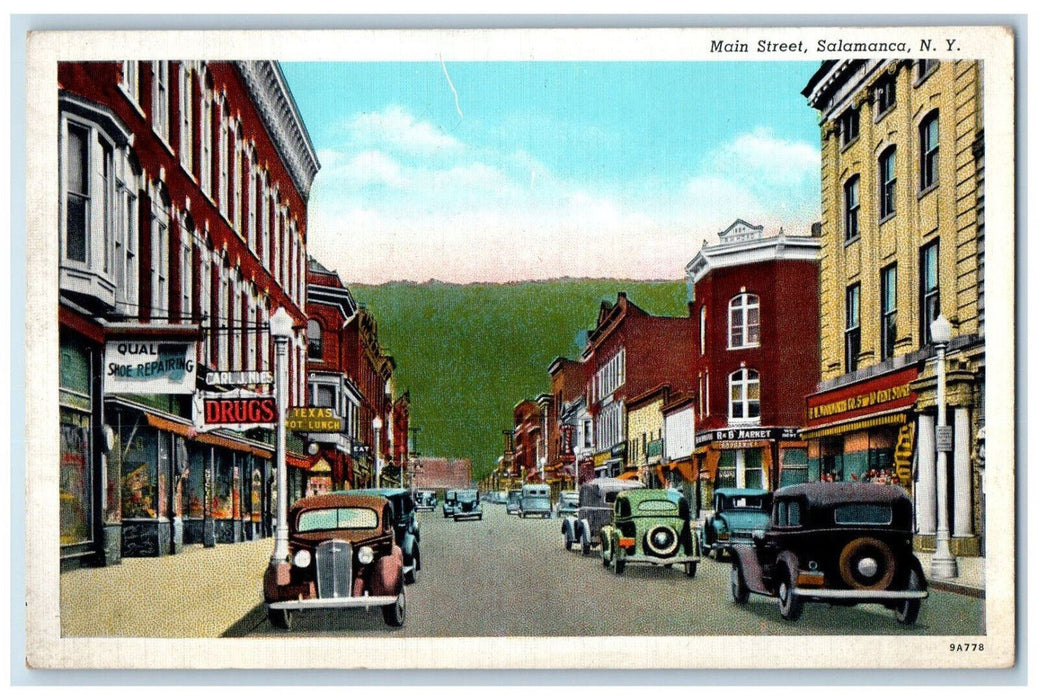 1945 Drugstore, Shoe Repair, Restaurant, Market, Main St. Salamanca NY Postcard