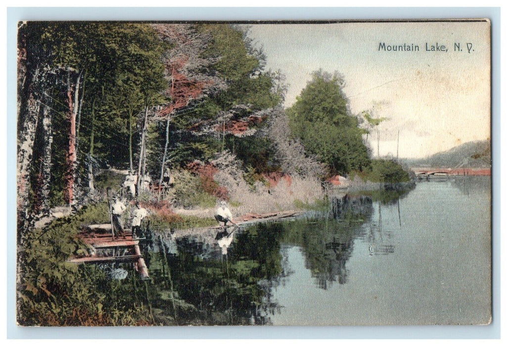 c1910's View Of Mountain Lake New York NY, Boat And Bridge Scene Postcard