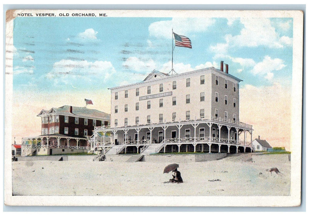 1923 American Flag, Stairway to Hotel Vesper Old Orchard Maine ME Postcard