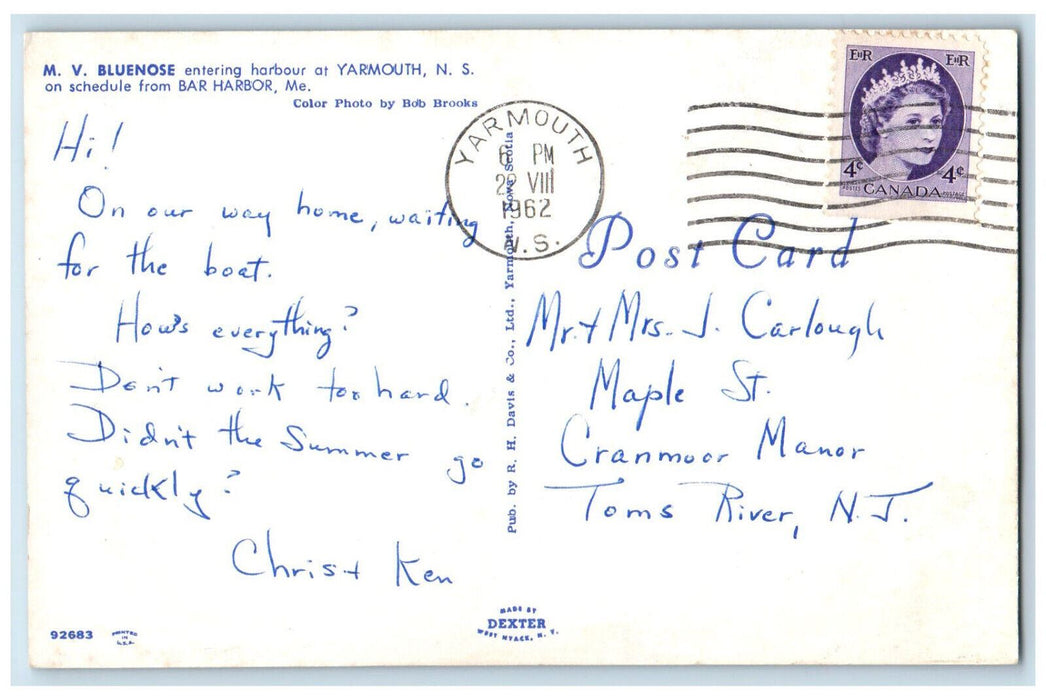 1962 MV Bluenose Entering Harbour at Yarmouth Nove Scotia Canada Postcard