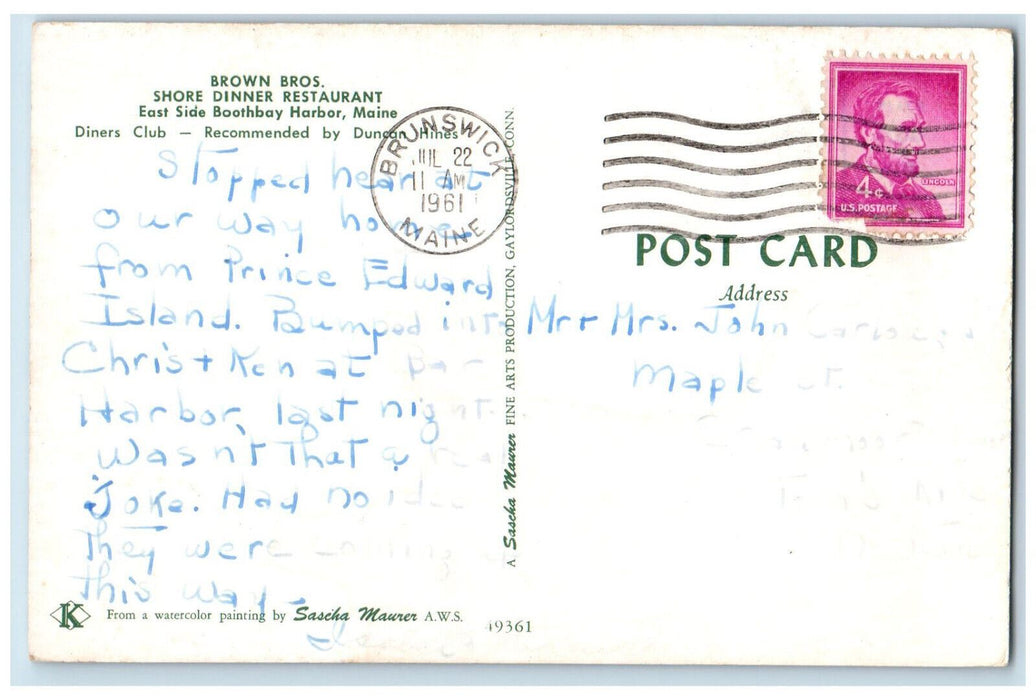 1961 Brown Bros. Shore Dinner Restaurant East Side Boothbay Harbor ME Postcard