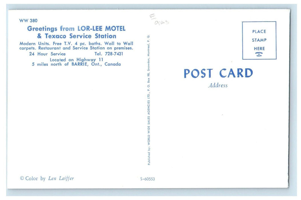Greetings From Lor-Lee Motel & Texaco Service Station Barrie Ontario Postcard