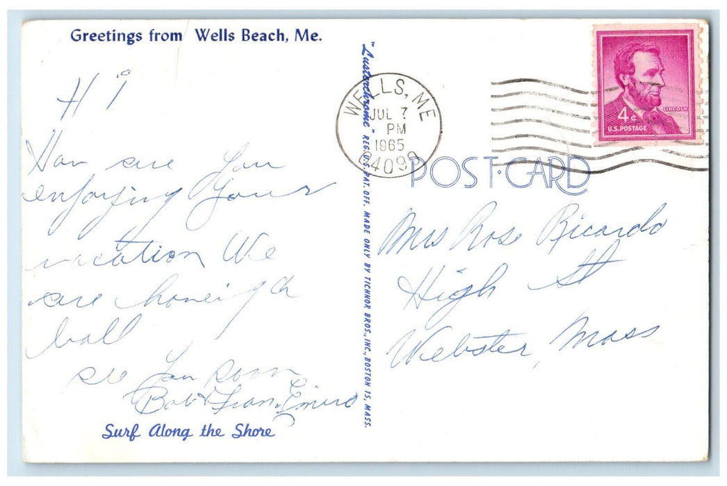 1965 Surf Along The Shore, Greetings from Wells Beach Maine ME Postcard
