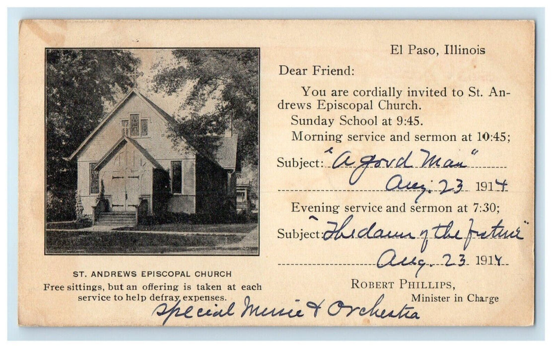 St. Andrews Episcopal Church Sunday School El Paso Illinois IL Antique Postcard