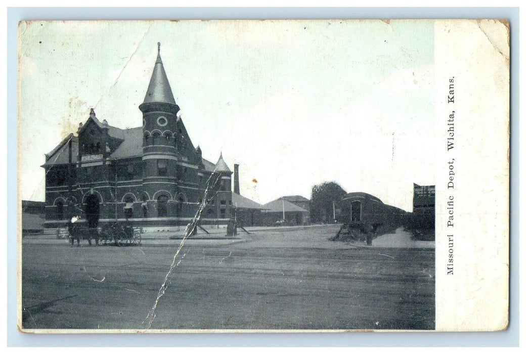 1908 Missouri Pacific Depot Horse And Wagon Wichita Kansas KS Antique Postcard