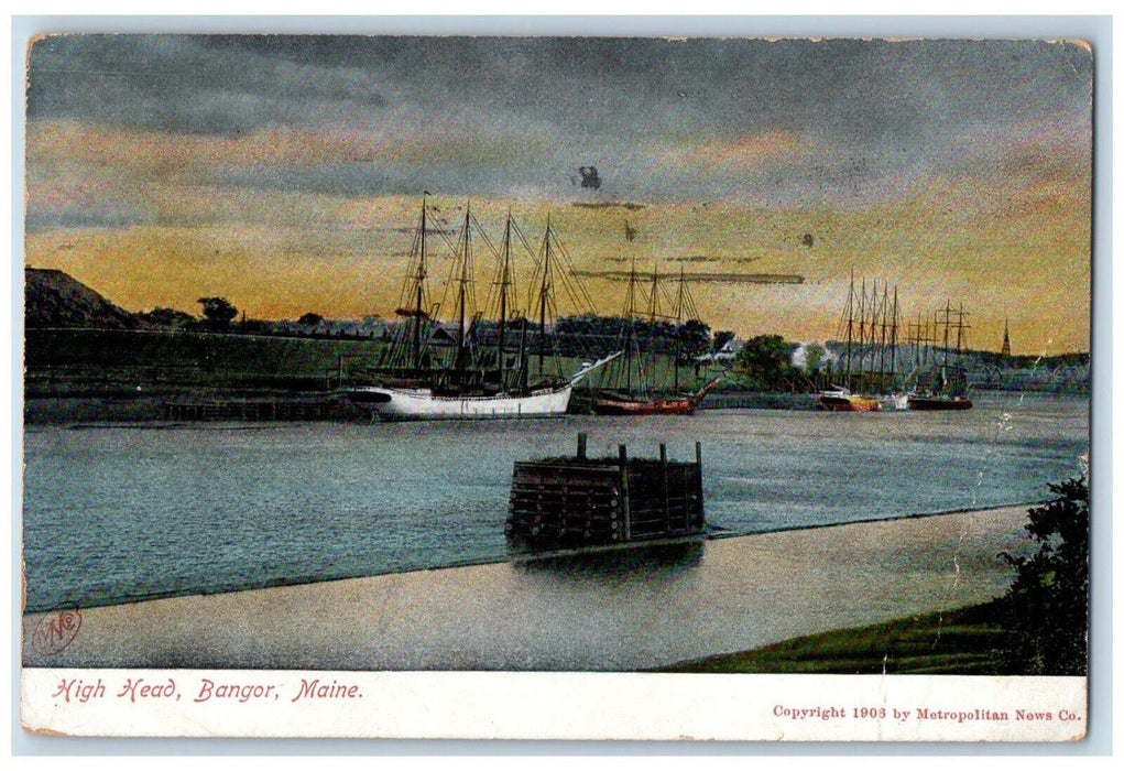 1909 Scene of Sailboats, High Head Bangor Maine ME Antique Posted Postcard