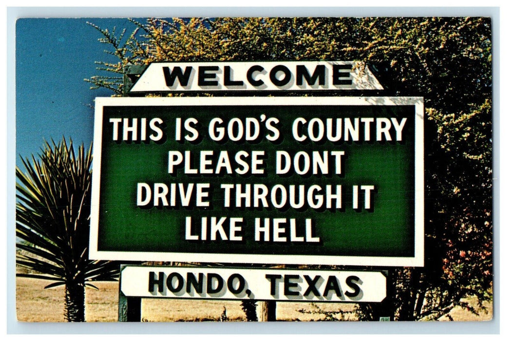 Welcome Sign God's Country Trade Mark Hondo Texas TX Unposted Vintage Postcard