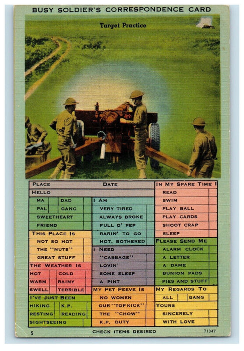 c1930's Busy Soldier's Correspondence Card Target Practice Cannon Postcard
