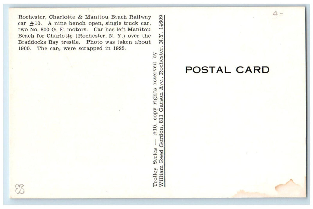 c1940's Trolley Car, Rochester-Charlotte and Manitou Beach Railway NY Postcard