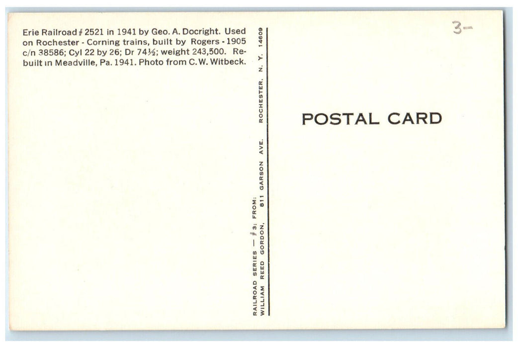 c1940's Erie Railroad # 2521 - Rochester-Corning Division New York NY Postcard