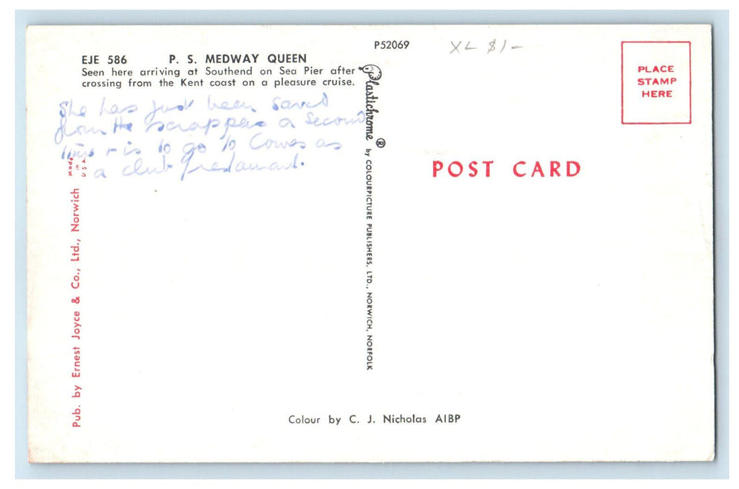 c1950's Seen Arriving at Southend on Sea Pier P.S. Medway Queen England Postcard