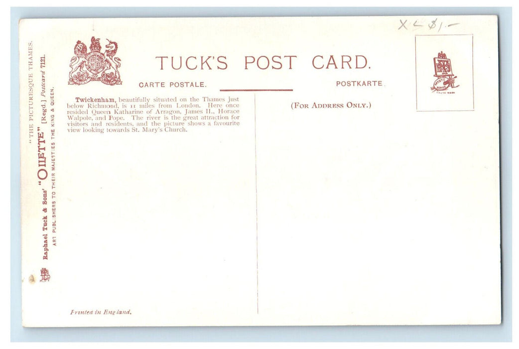 c1910 Boat Scene, Twickenham on Thames London England Oilette Tuck Postcard
