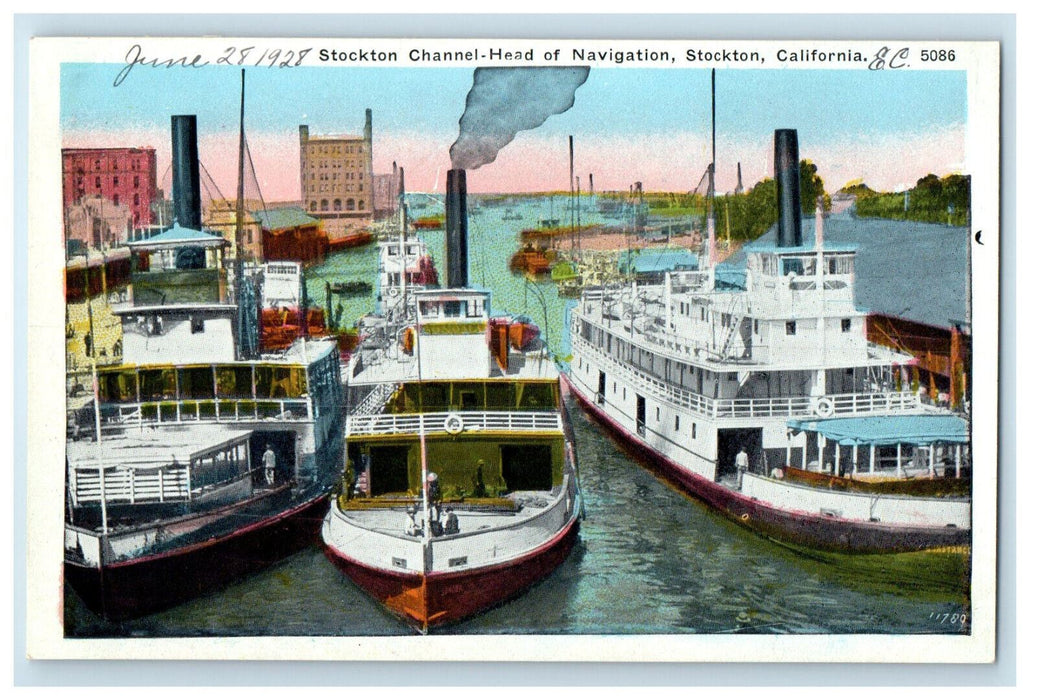 1928 Steamships Stockton Channel-Head of Navigation Stockton CA Postcard