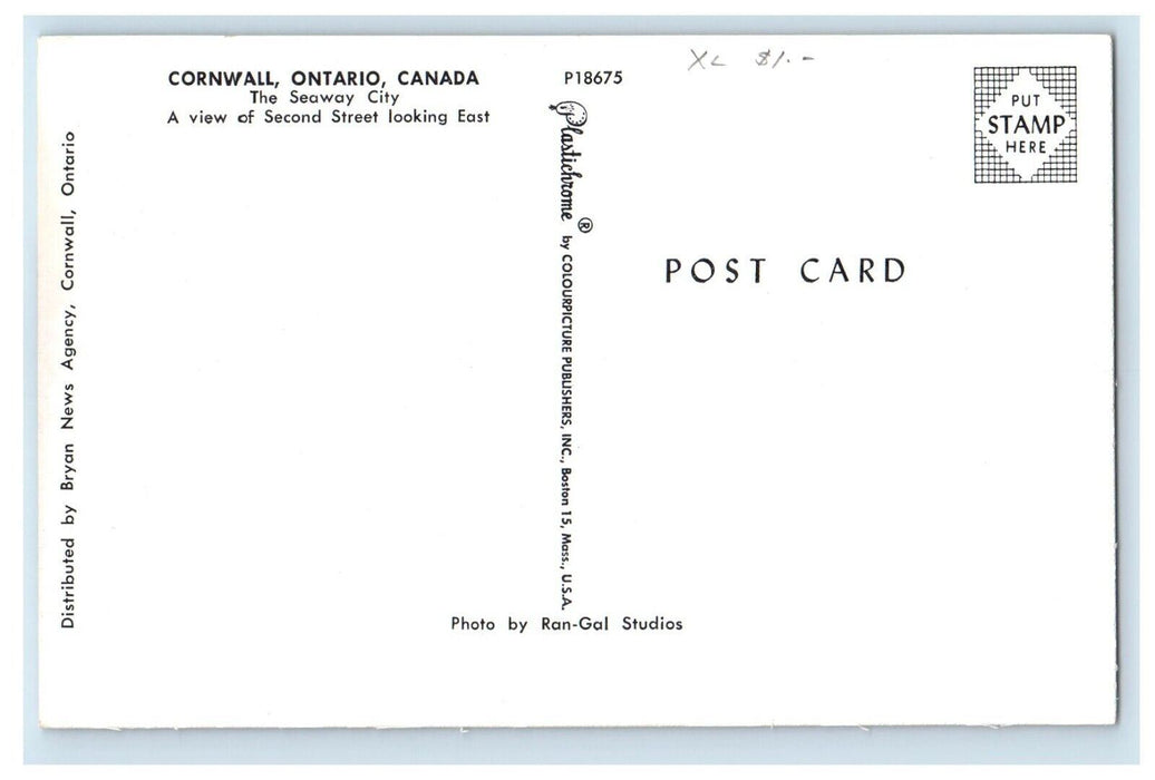 A View Of Second Street Looking East Hotel Cars Cornwall Ontario Canada Postcard