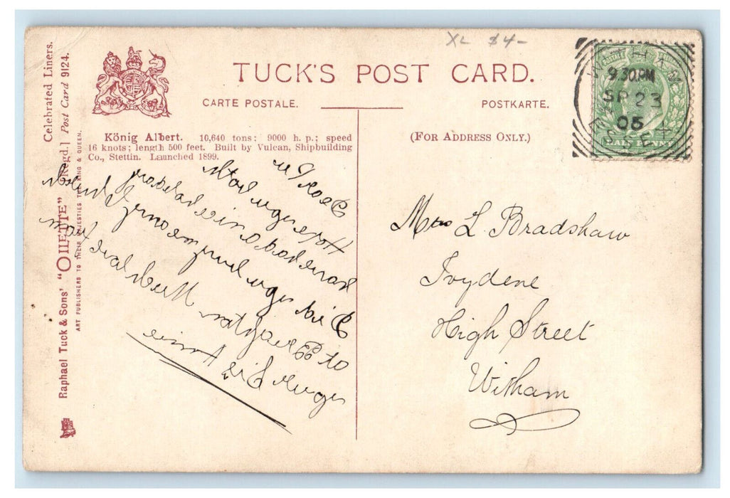 c1910 N D Lloyd Konig Albert By Vulcan Shipbuilding Co. Oilette Tuck Postcard