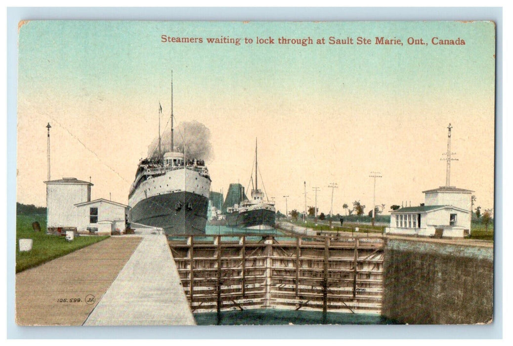 1911 Steamers Waiting To Lock At Salt Ste. Marie Ontario Canada Antique Postcard