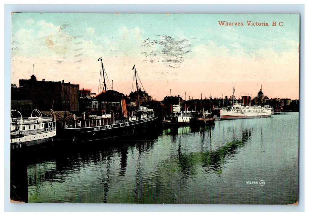 1909 View Of Wharves Victoria British Columbia Canada, Steamer Boats Postcard