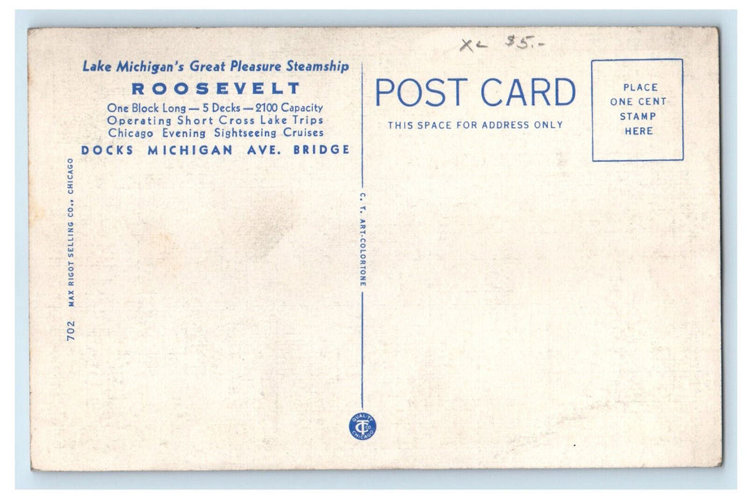 c1940's Night Illumination of Chicago from Steamship Roosevelt Postcard