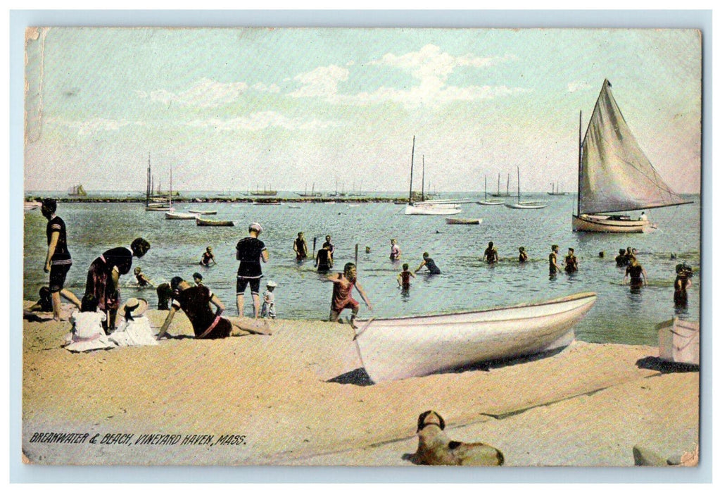 1909 Sailboats, Breakwater & Beach Vineyard Haven Massachusetts MA Postcard