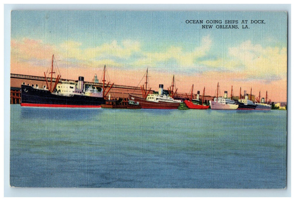 c1940's Ocean Going Ships at Dock, New Orleans Louisiana LA Vintage Postcard
