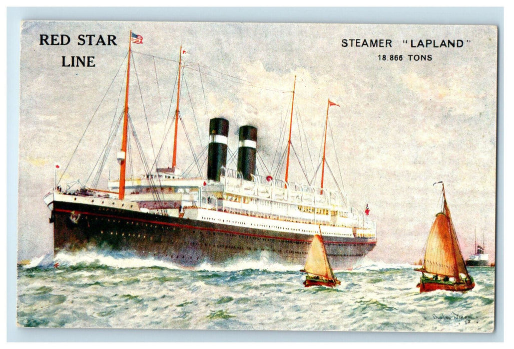 c1910 Wavy Scene, Sailboats, Red Star Line Steamer Lapland Antique Postcard