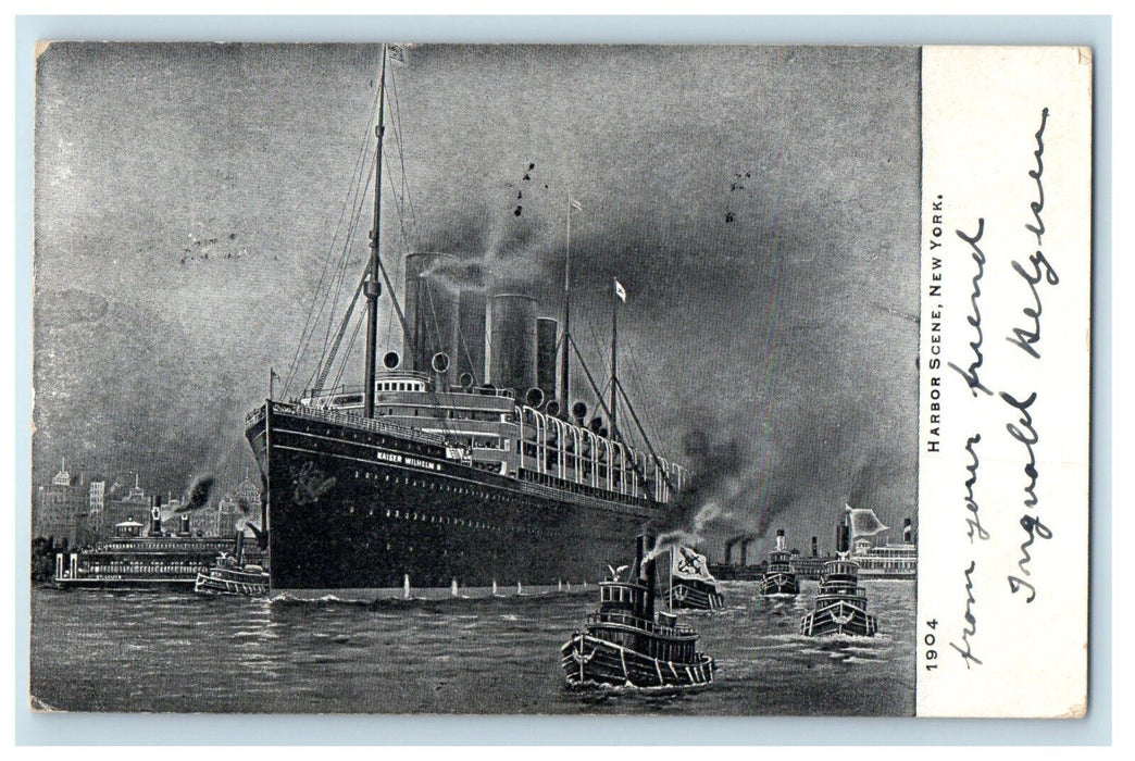1908 MV Kaiser Wilhelm Ship, Harbor Scene, New York NY Antique Postcard