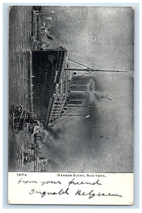 1908 MV Kaiser Wilhelm Ship, Harbor Scene, New York NY Antique Postcard