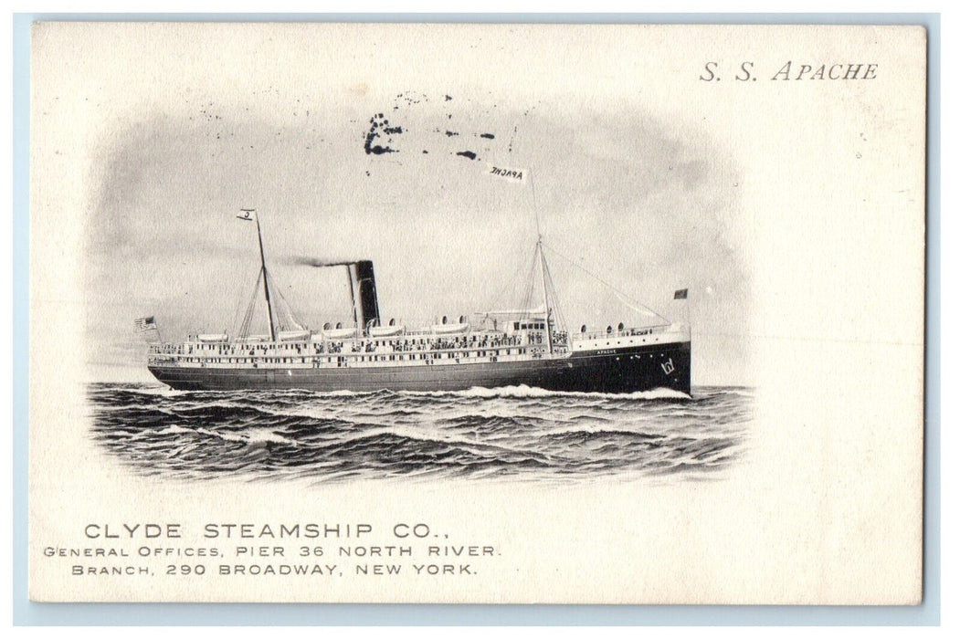 1908 SS Apache, Clyde Steamship Co. Broadway New York NY Antique Postcard