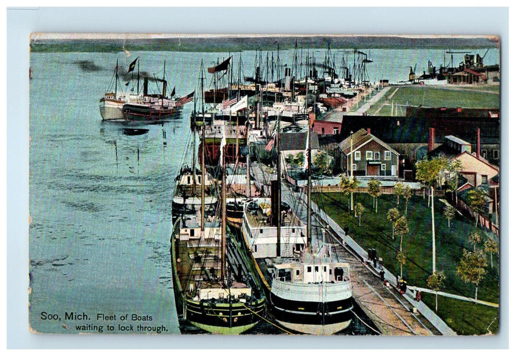 1911 Fleet of Boats Waiting To Lock Through Soo Michigan MI Postcard