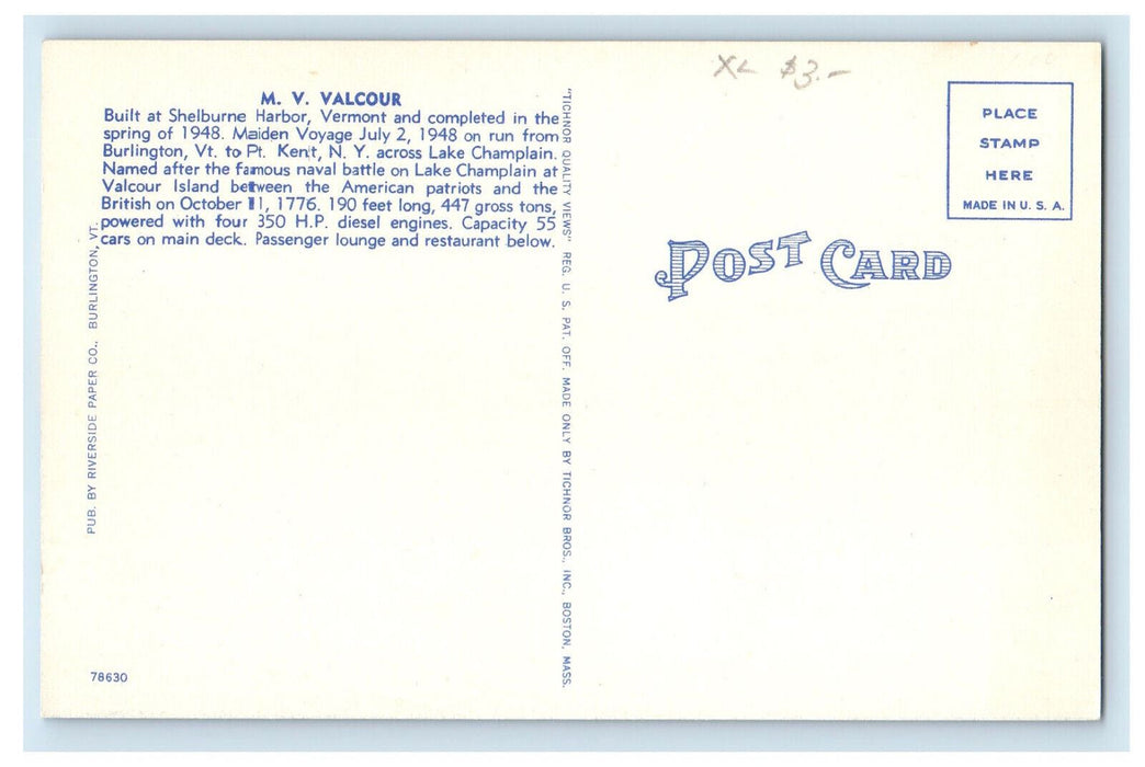 c1940's MV Valcour, Lake Champlain Transportation Co. Port Kent NY Postcard