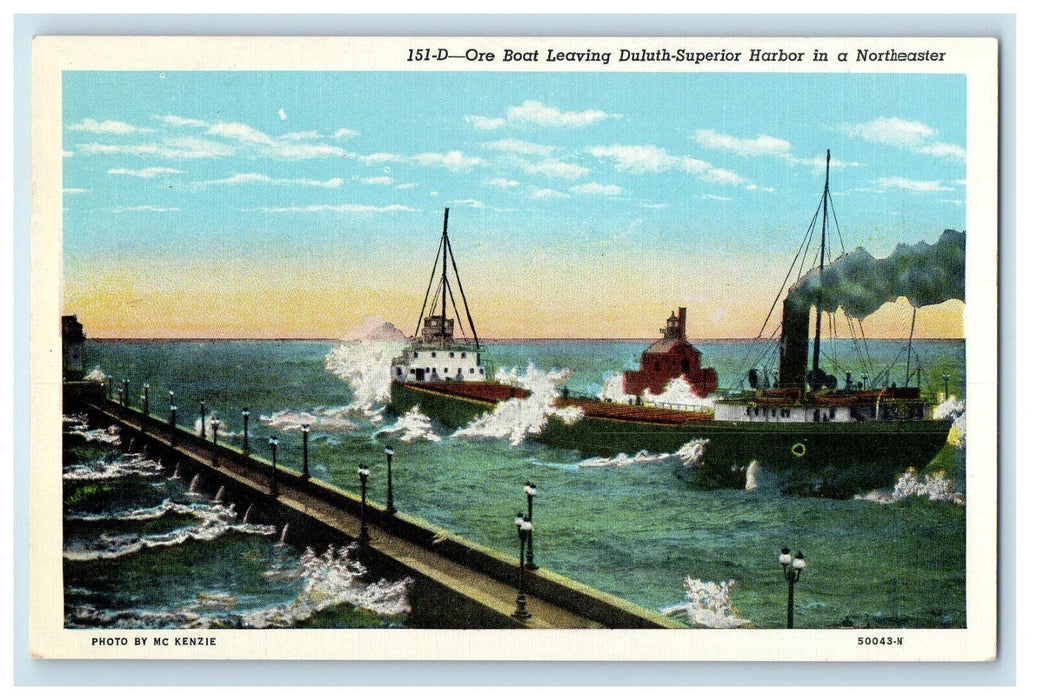c1920's Ore Boat Leaving Duluth Superior Harbor in a Northeaster MN Postcard