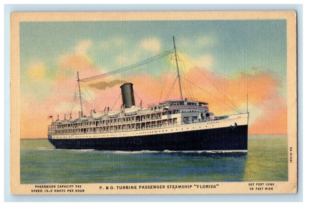 c1940's P & O. Turbine Passenger Steampship "Florida" Jacksonville FL Postcard