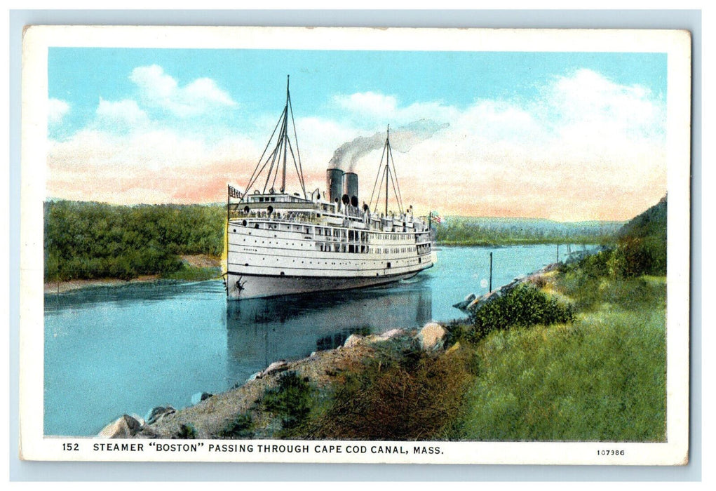 c1930's Steamer Boston Passing Through Cape Cod Canal Massachusetts MA Postcard