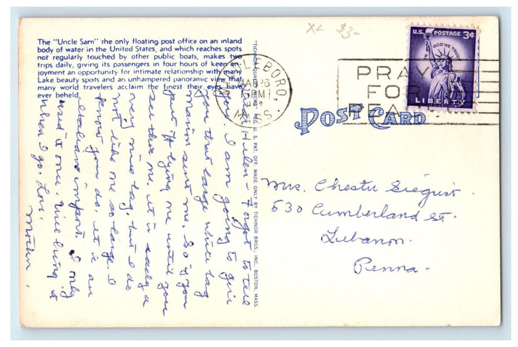c1940's U.S. Mailboat Uncle Sam Lake Winnipesaukee New Hampshire NH Postcard