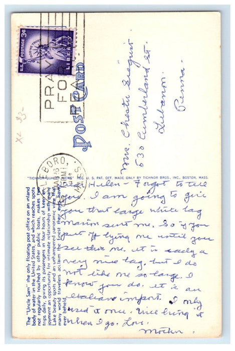 c1940's U.S. Mailboat Uncle Sam Lake Winnipesaukee New Hampshire NH Postcard
