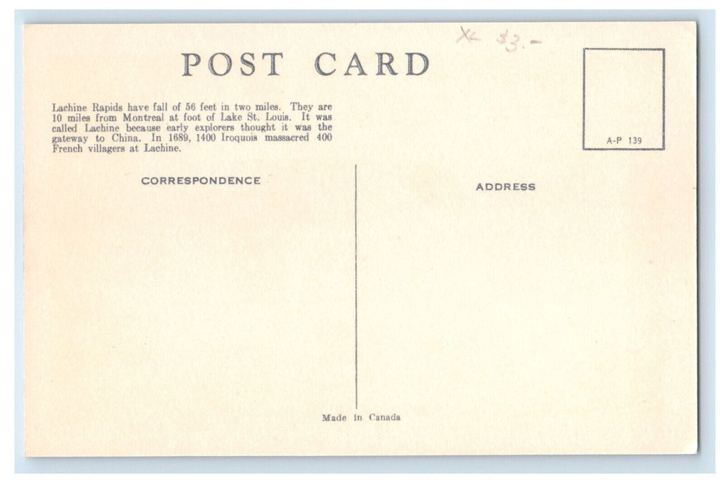 c1950's Lachine Rapids Near Montreal Quebec Canada Steamer Boat Postcard