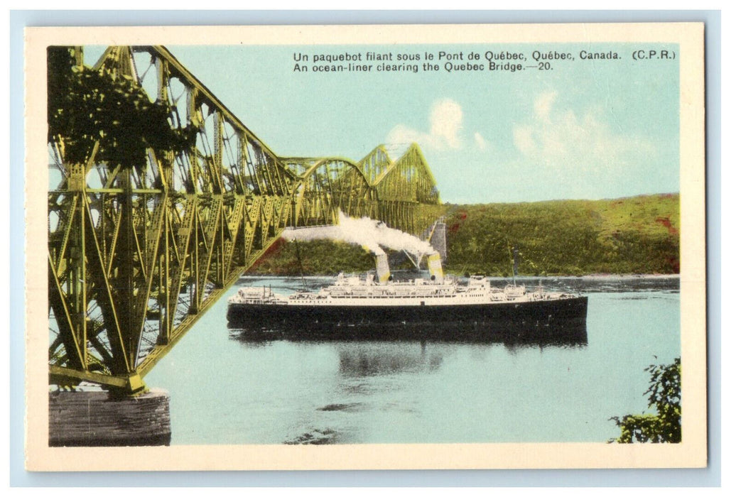 c1940's An Ocean Liner Clearing The Quebec Bridge Steamer Canada Postcard