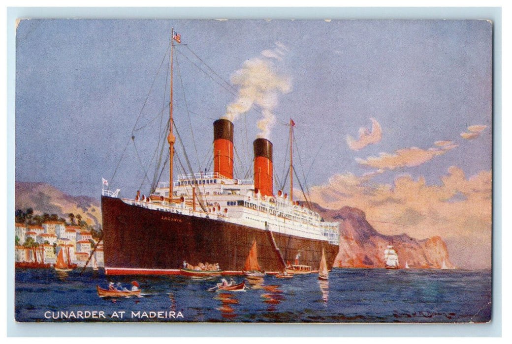 c1910 RMS Laconia, Boat Canoeing Scene,e Cunarder at Madeira Postcard