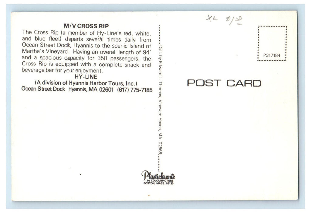 c1950's M/V Cross RIP HY-Line Hyannis Massachusetts MA Ship Boat Postcard